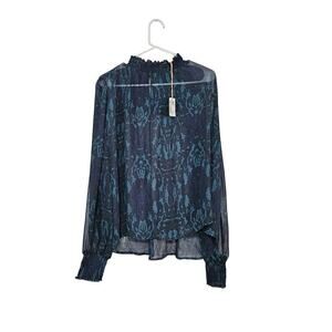 NWT ASHER Sheer Blue Green High Neck Long Sleeve Top Blouse Size Large